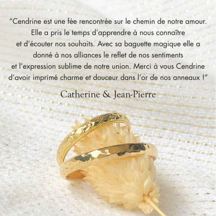 Avis de Cathy et Jean-Pierre sur leurs alliances sur mesure en or jaune 18 carats Fairmined