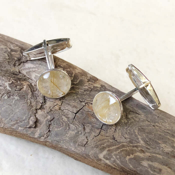 Les boutons de manchette Justin en argent 925 et quartz rutile.