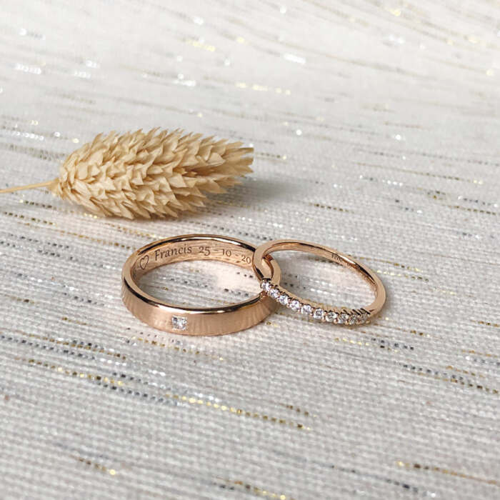 Les alliances de Laurenne et Francis : bagues sur mesure en or rose 18K Fairmined et diamants