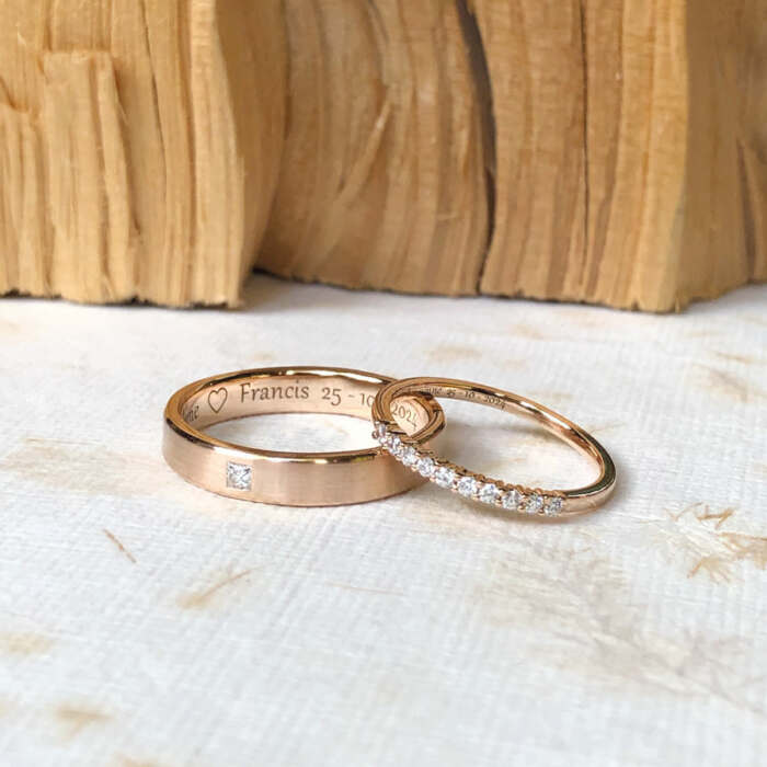 Les alliances de Laurenne et Francis : bagues sur mesure en or rose 18K Fairmined et diamants